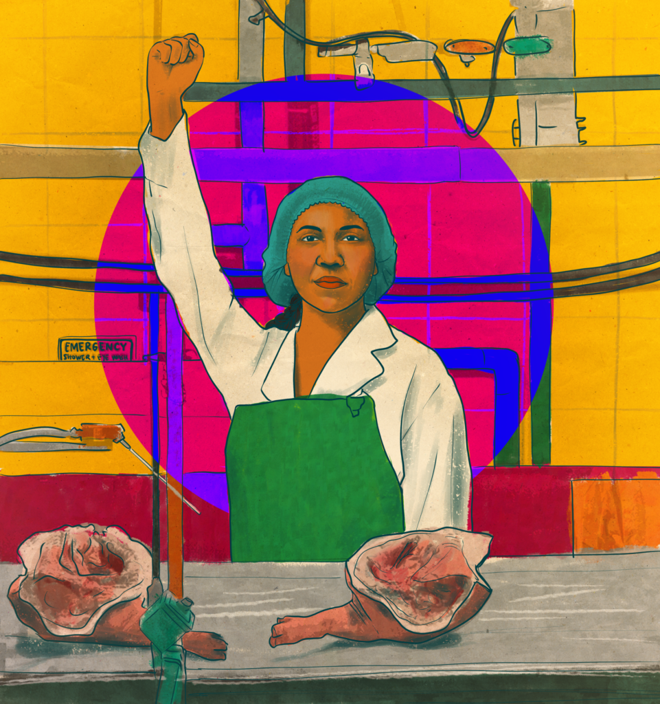 Artwork by Emitxin shows a poultry processing worker wearing an apron and hairnet, raising her fist as cuts of meat pass before her on a conveyer belt. 